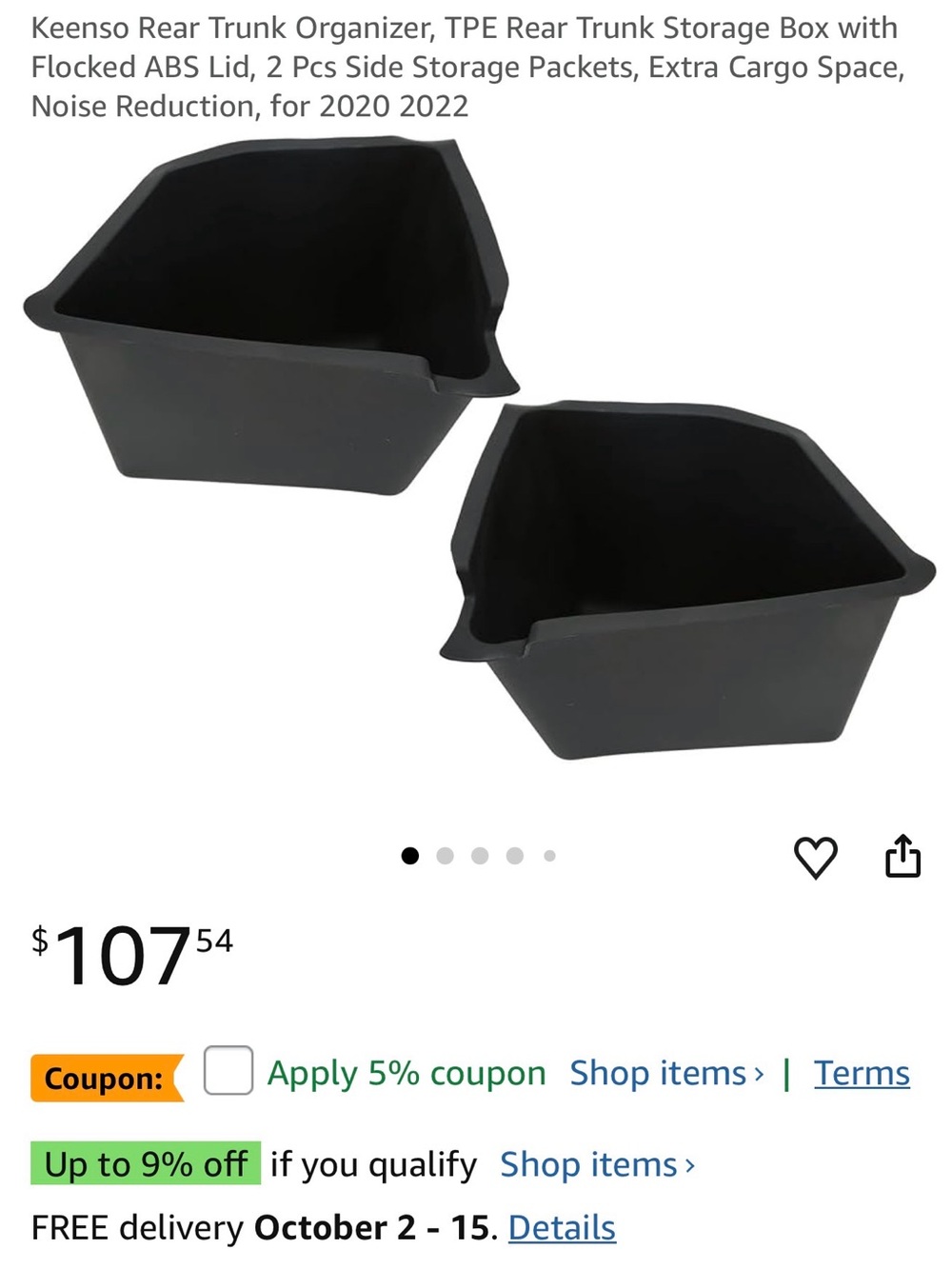 Black Rear Trunk Storage Bins for Vehicle NWT